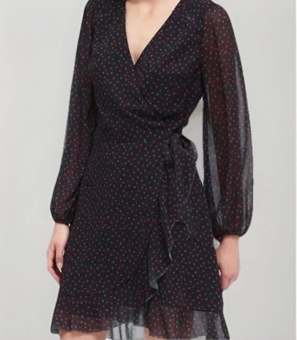 Banana Republic Surplice Neck Ruffle Trim Wrap Dress Black Heart Print Women's 8
